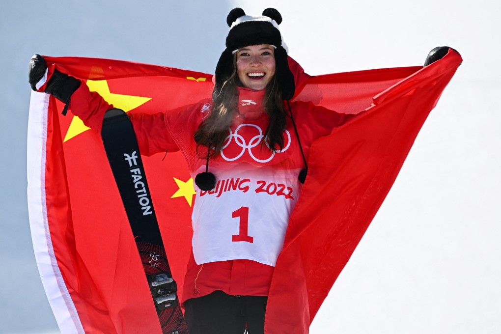 Eileen Gu celebrates after winning half-pipe gold in Beijing. Photo: Reuters