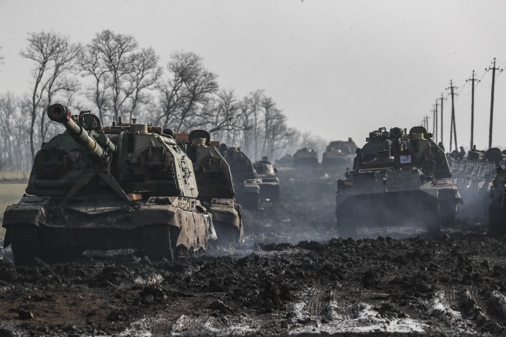 Russian armoured vehicles on the road in Rostov region. Moscow has ordered more forces into Ukraine’s Donbas for “peacekeeping duties”. Photo: EPA-EFE