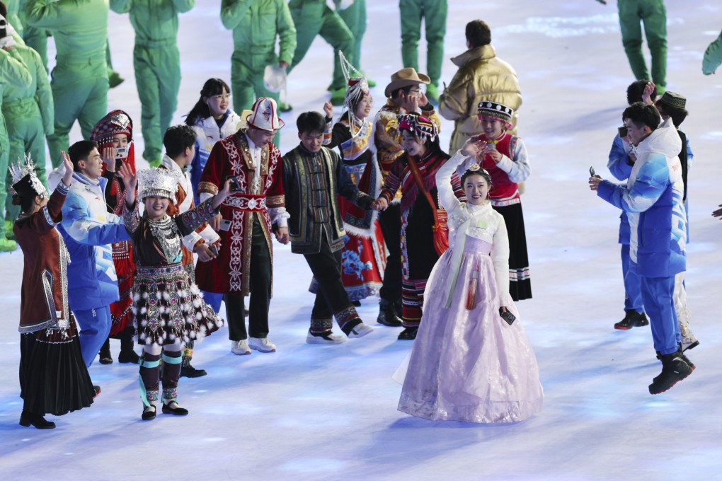 A performer (second from right) in a traditional Korean hanbok dress at the Beijing Winter Games opening ceremony sparked a cultural appropriation row. Photo: AP