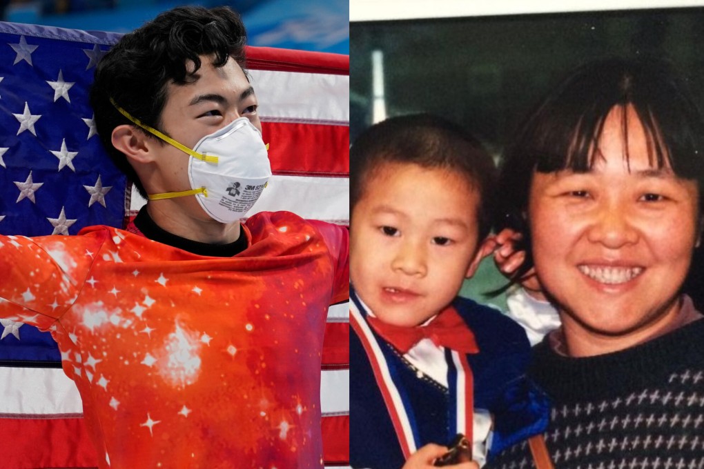 Nathan Chen of the US after winning a gold at the Beijing Winter Olympic Games at the Capital Indoor Stadium, and with mother Hetty Wang as a young figure skater. Photos: AP, Instagram / Nathan Chen
