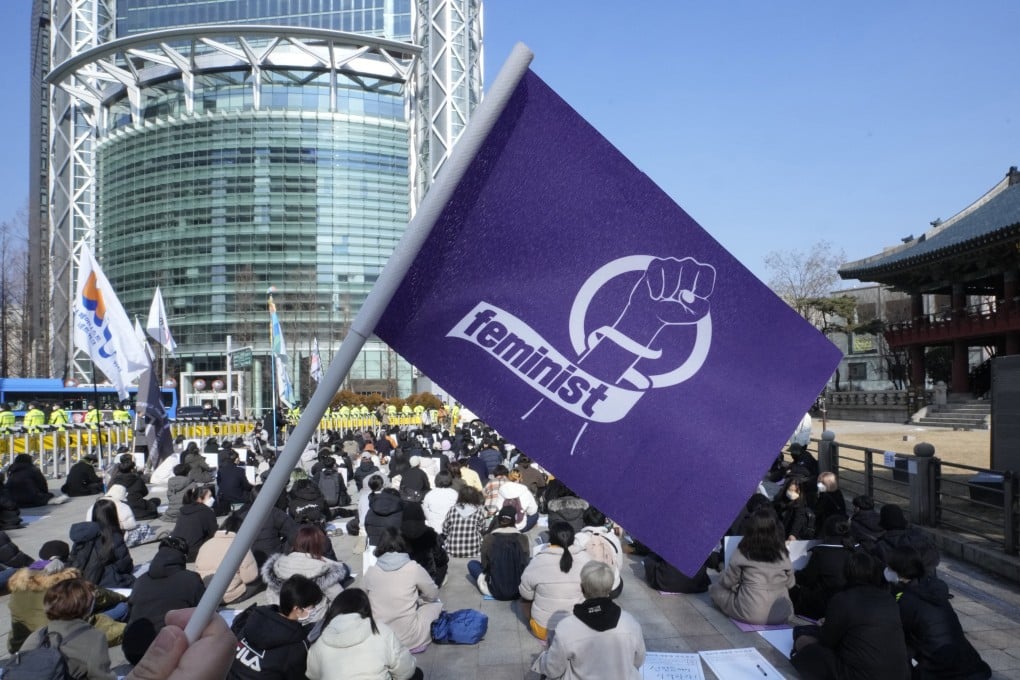 People stage a rally supporting feminism in Seoul. Photo: AP