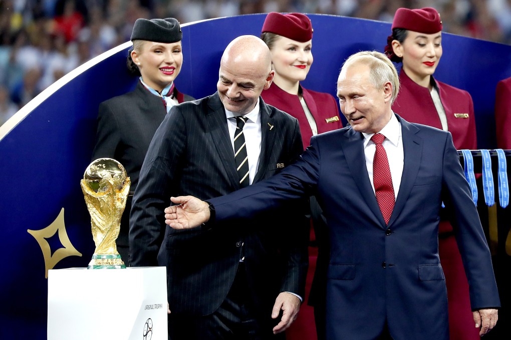 Russian President Vladimir Putin (right) and Fifa president Gianni Infantino next to the World Cup trophy after the 2018 final between France and Croatia in Moscow. Photo: EPA-EFE