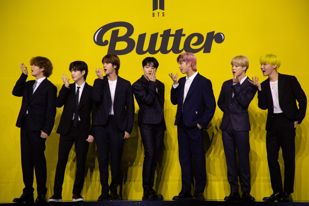 (From left) V, Suga, Jin, Jung Kook, RM, Jimin and j-hope, of South Korean boy band BTS, pose as they arrive for the launch of their single album Butter in May 2021, one of the releases that led to their IFPI award. Photo: EPA-EFE