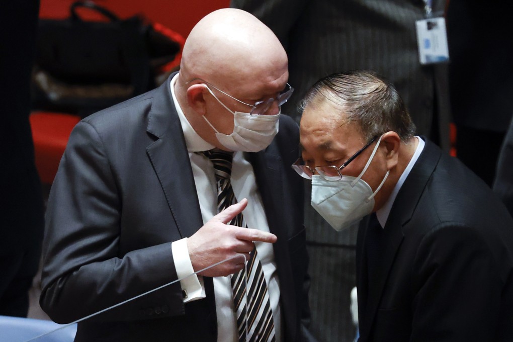 The Russian ambassador to the United Nations Vassily Nebenzia, left, talks with Chinese ambassador to the UN Zhang Jun before an emergency meeting on the situation between Ukraine and Russia at United Nations headquarters in New York on Wednesday. Photo: EPA-EFE