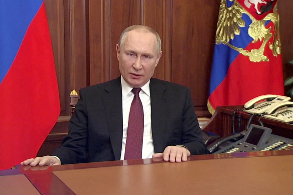 Russian President Vladimir Putin delivers a video address announcing the start of the military operation in eastern Ukraine on Thursday. Photo: Reuters