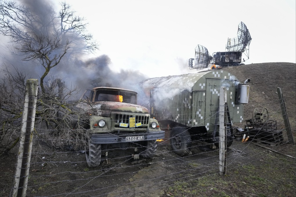 Damaged radar arrays and other equipment at a Ukrainian military facility outside Mariupol on Thursday. Photo: AP