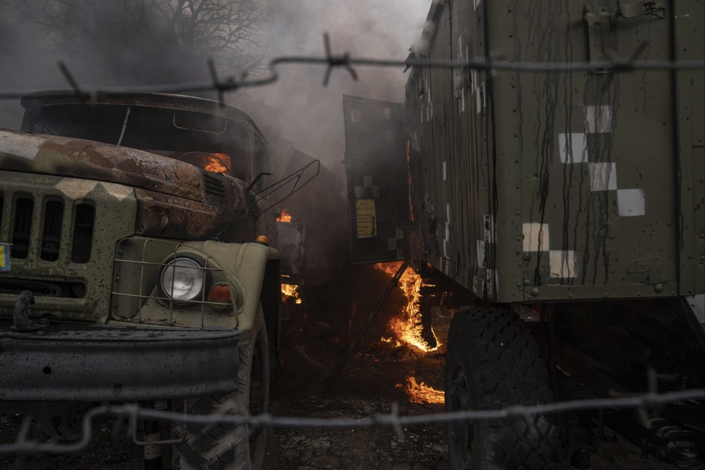 A damaged Ukrainian military facility is seen in the aftermath of Russian shelling outside Mariupol, Ukraine, on Thursday. Photo: AP