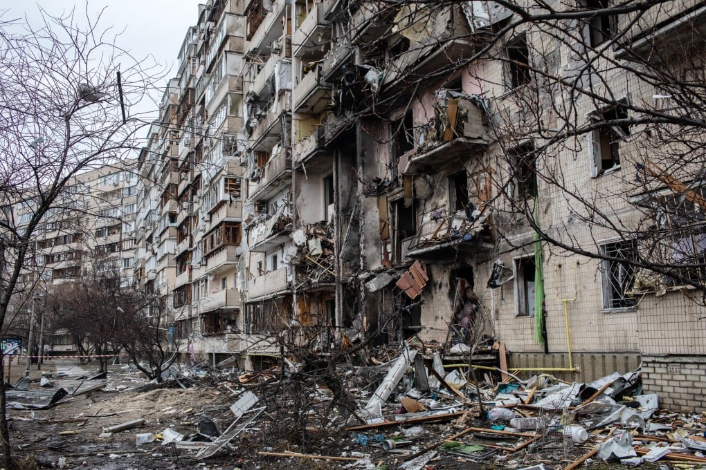 A building in Kyiv damaged by Russian artillery fire is seen on Friday. Photo: Bloomberg