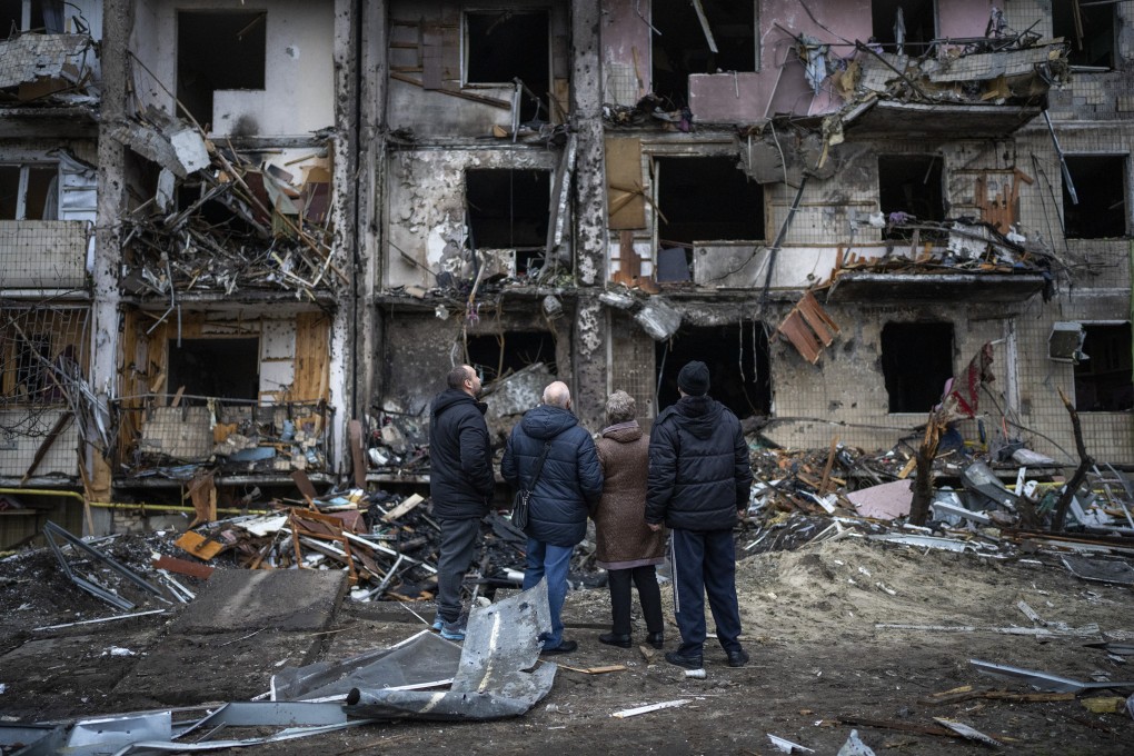 A damaged residential building in Kyiv, Ukraine after Russia launched its massive military operation. Photo: AP