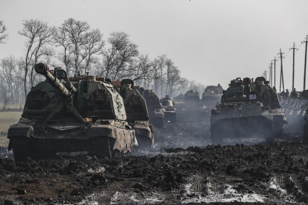 Russian armoured vehicles in the Rostov region, near to the border with Ukraine. Photo: EPA