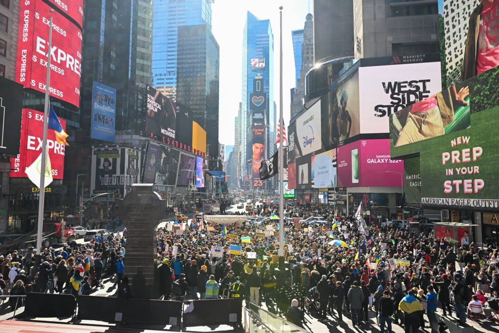 A rally in Times Square in New York against the war in Ukraine on Saturday. Similar protests were held around the world. Photo: AFP