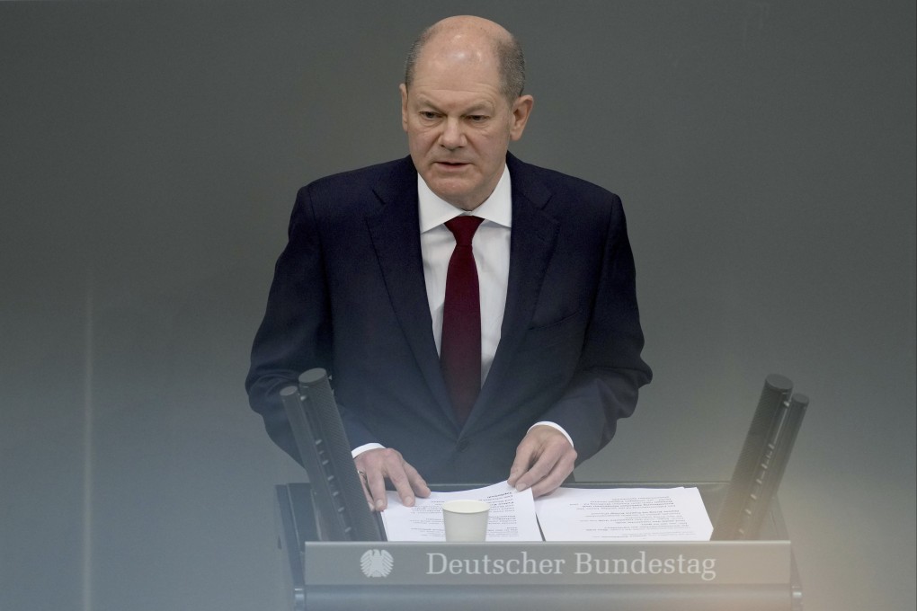 German Chancellor Olaf Scholz talks to parliament about the Russian invasion of Ukraine. Photo: AP