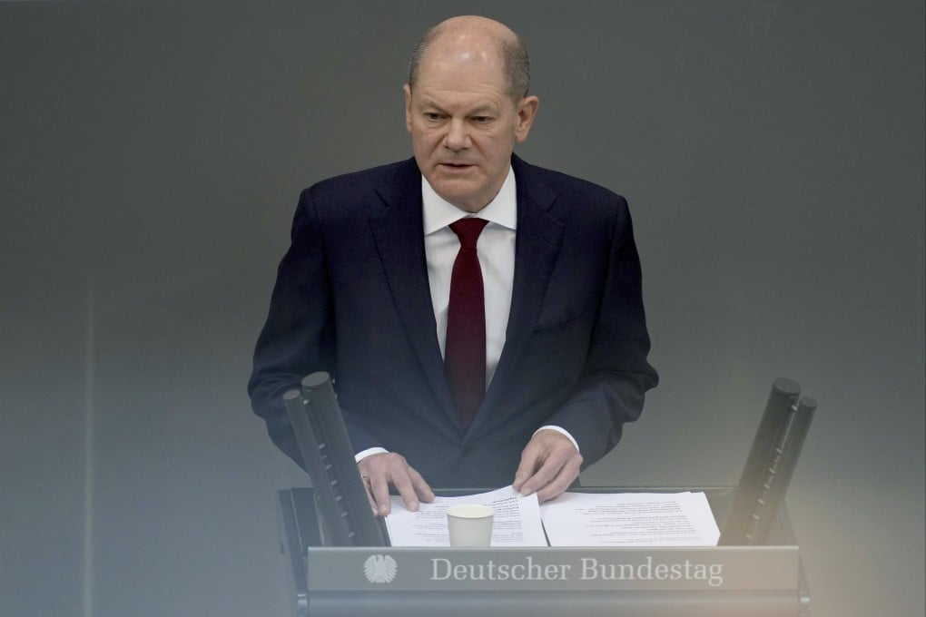 German Chancellor Olaf Scholz talks to parliament about the Russian invasion of Ukraine. Photo: AP