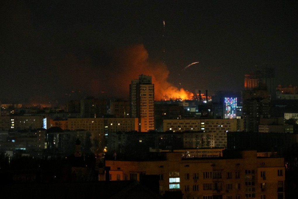 Smoke and flames rise over during the shelling near Kyiv, as Russia continues its invasion of Ukraine February 26, 2022. Photo: Reuters