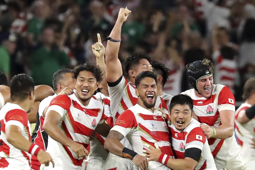 Japan’s players celebrate after beating Ireland during the 2019 Rugby World Cup. Photo: AP