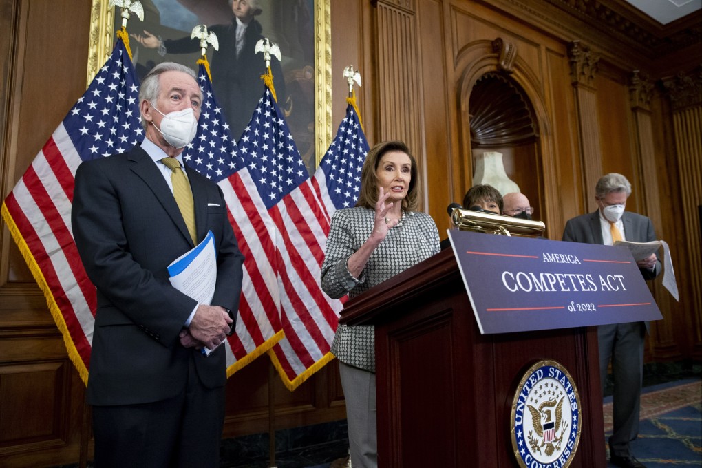US Speaker of the House Nancy Pelosi (centre) addresses an event on the House of Representatives vote on the America Competes Act in Washington on February 4. The bill aims to invest billions of US dollars into American manufacturing and scientific R&D as a means to compete with China’s rising economy. Photo: EPA-EFE