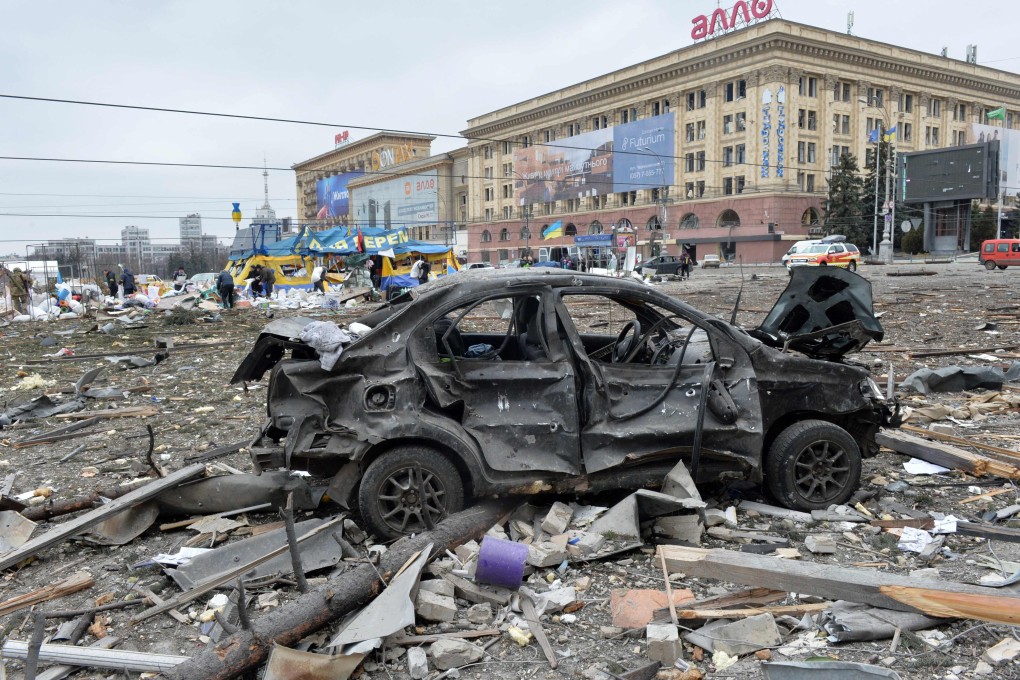 A view of the square outside the damaged local city hall in Kharkiv after Russian missile strikes. Photo: AFP