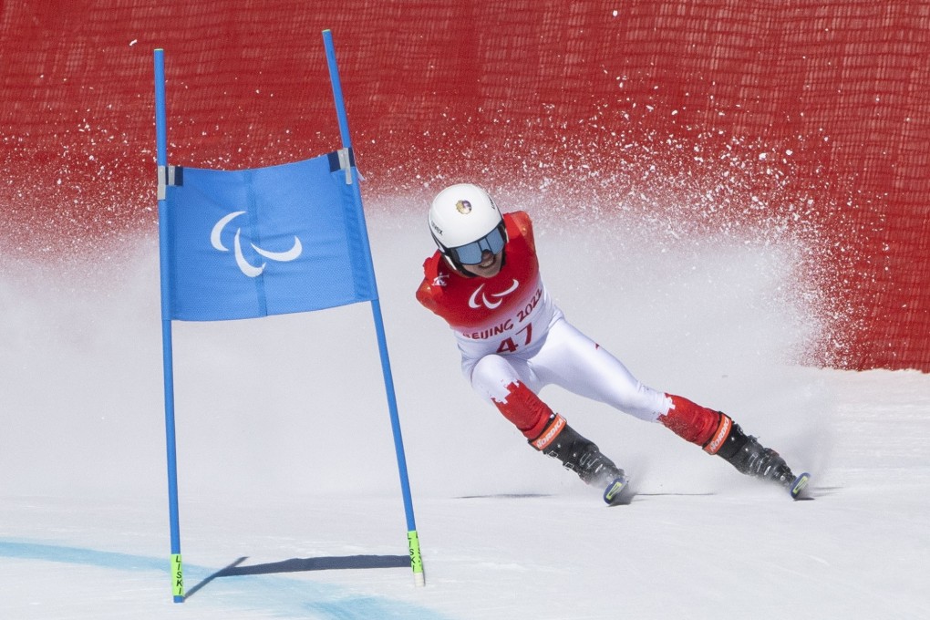 Paralympic athlete Sun Hongsheng of China during a training session at the Yanqing National Alpine Skiing Centre. Photo: EPA-EFE