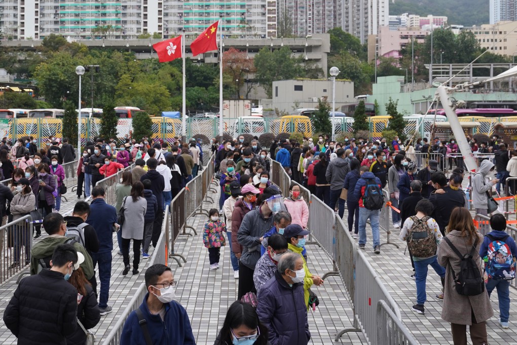 Residents queue up for Covid-19 testing at a mobile specimen collection station in Wong Tai Sin in February. Photo: Sam Tsang