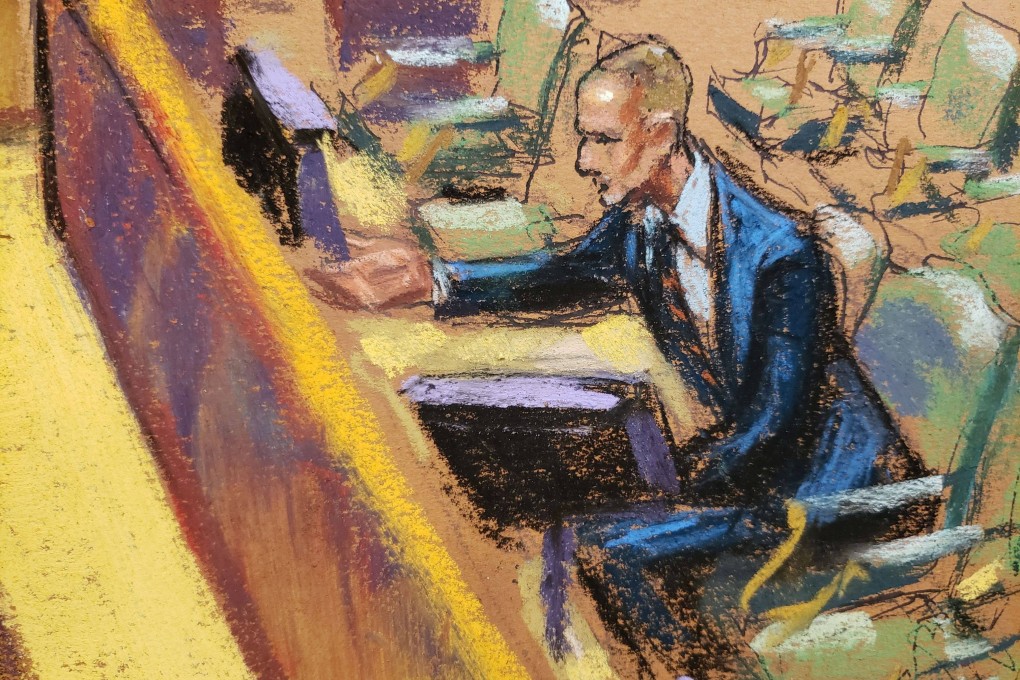 Witness Timothy Leissner points out former Goldman Sachs banker Roger Ng in Brooklyn federal court in New York in February. Courtroom sketch: Jane Rosenberg via Reuters