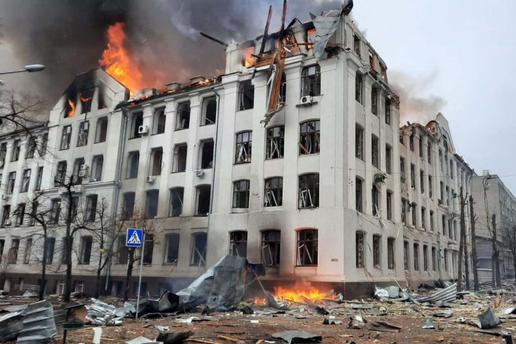 The Kharkiv regional police department building, which Ukraine’s state emergency service said was hit by shelling. Photo: AFP/Ukraine Emergency Ministry Press Service