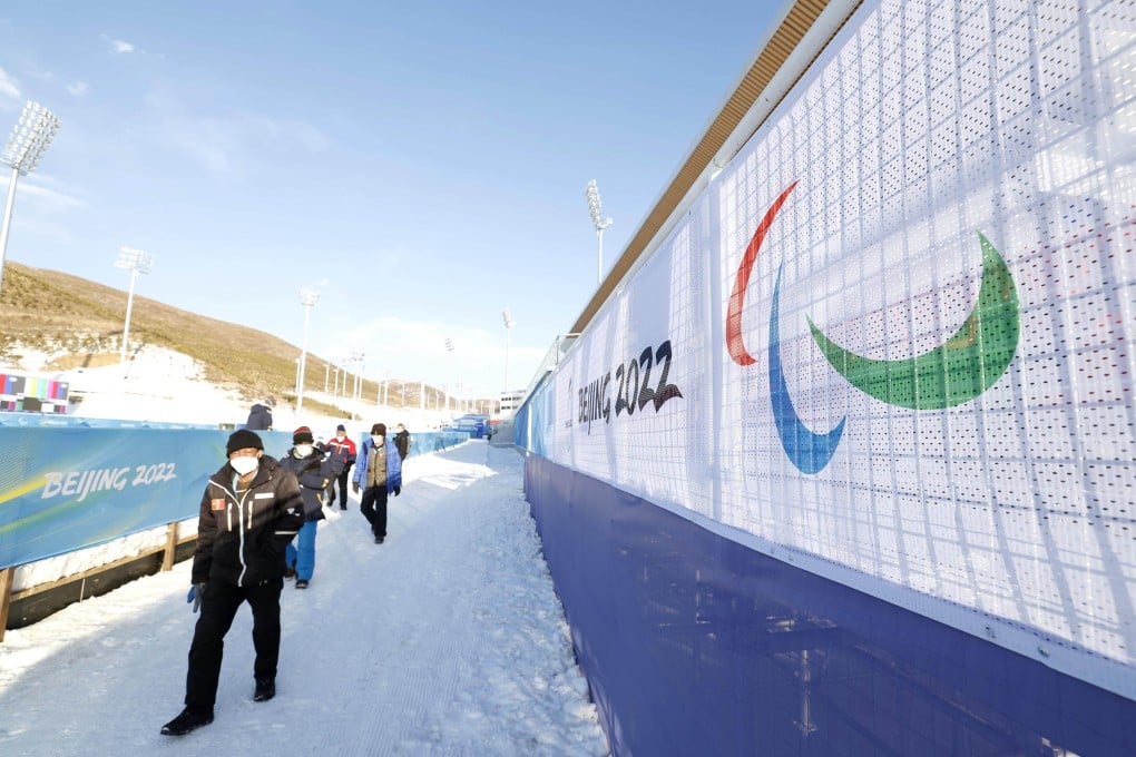 The Paralympic symbol featuring the red, blue and green Agitos (Latin for “I move”) is visible at the competition venue for biathlon and cross-country skiing in Zhangjiakou, China, ahead of the March 4 opening of the Beijing Winter Paralympics. Photo: Kyodo