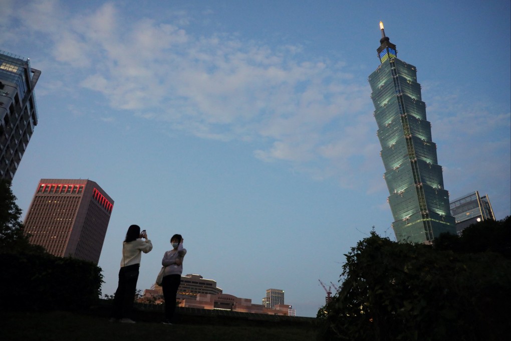 The Taipei 101 skyscraper  in the Taiwanese capital is lit up in the colours of the Ukrainian flag on February 28. Photo: Reuters