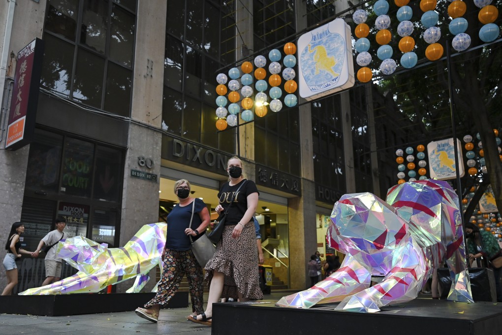 Decorations in colours including white and blue at Sydney’s Chinatown during this year’s Lunar New Year celebrations. Photo: Anadolu Agency via Getty Images