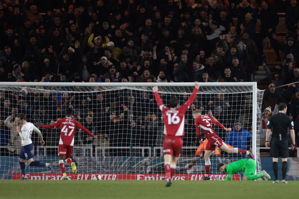 Middlesbrough’s Josh Coburn celebrates scoring against Tottenham. Photo: Reuters