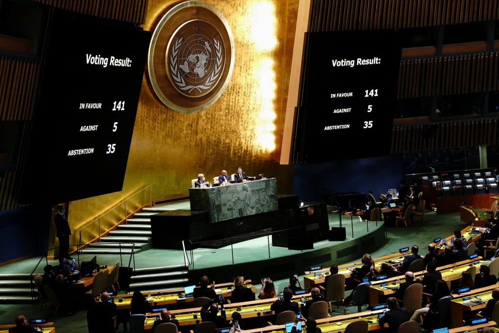 The UN General Assembly vote condemning Russia’s invasion of Ukraine is displayed during Wednesday’s meeting in New York. Photo: Reuters
