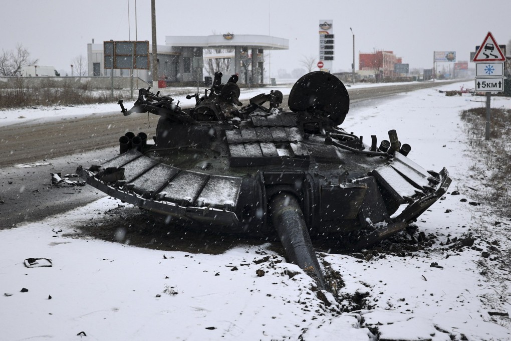 The turret of burned Russian tank is left abandoned on Friday after it was attacked by the Ukrainian army. Photo: EPA-EFE