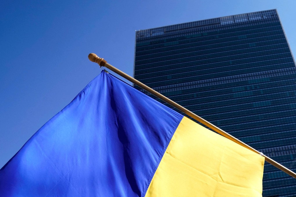Ukrainian flag outside the United Nations headquarters in New York Photo: AFP