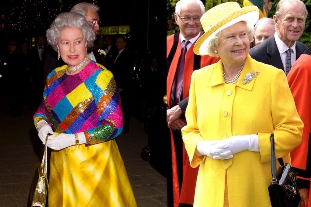 Queen Elizabeth at an engagement in 1999 (above, left) and several years later. The British monarch’s preference for bold colours grew stronger as she got older.