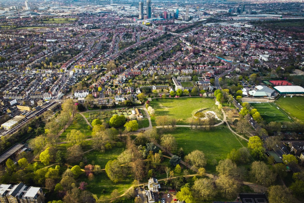 A drone’s view of Acton Park and Acton Central in the Ealing borough outside London’s city centre. Photo:  Shutterstock.