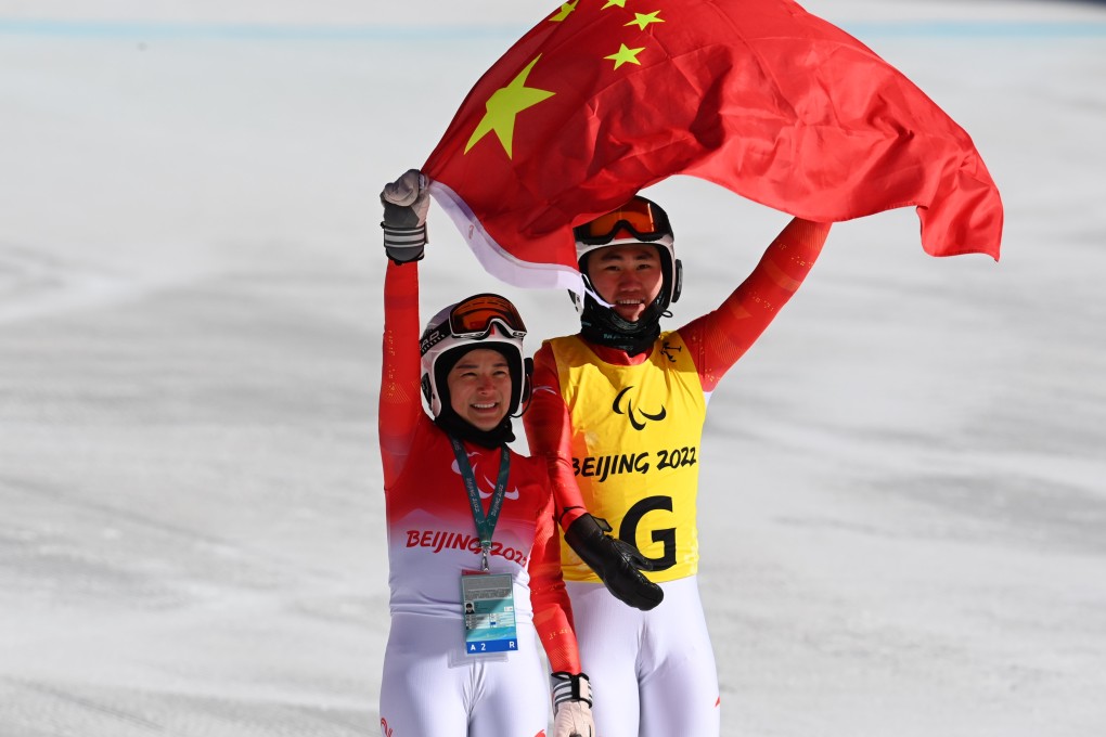 China’s Zhu Daqing and guide Yan Hanhan after the Beijing Winter Paralympic Game Para Alpine skiing women’s downhill vision impaired qualifier event at the National Alpine Skiing Center in Yanqing. Photo: Xinhua