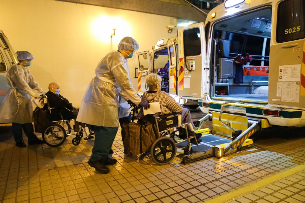 Elderly residents are evacuated from a care home in Kwai Chung after a member of staff contracted Covid-19 in January. Photo: Edmond So