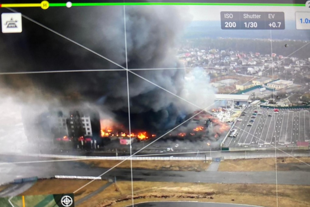 An image taken by a drone shows a blown-up building near the outskirts of Kyiv, Ukraine. Photo: Ukrainian Security Forces via AP