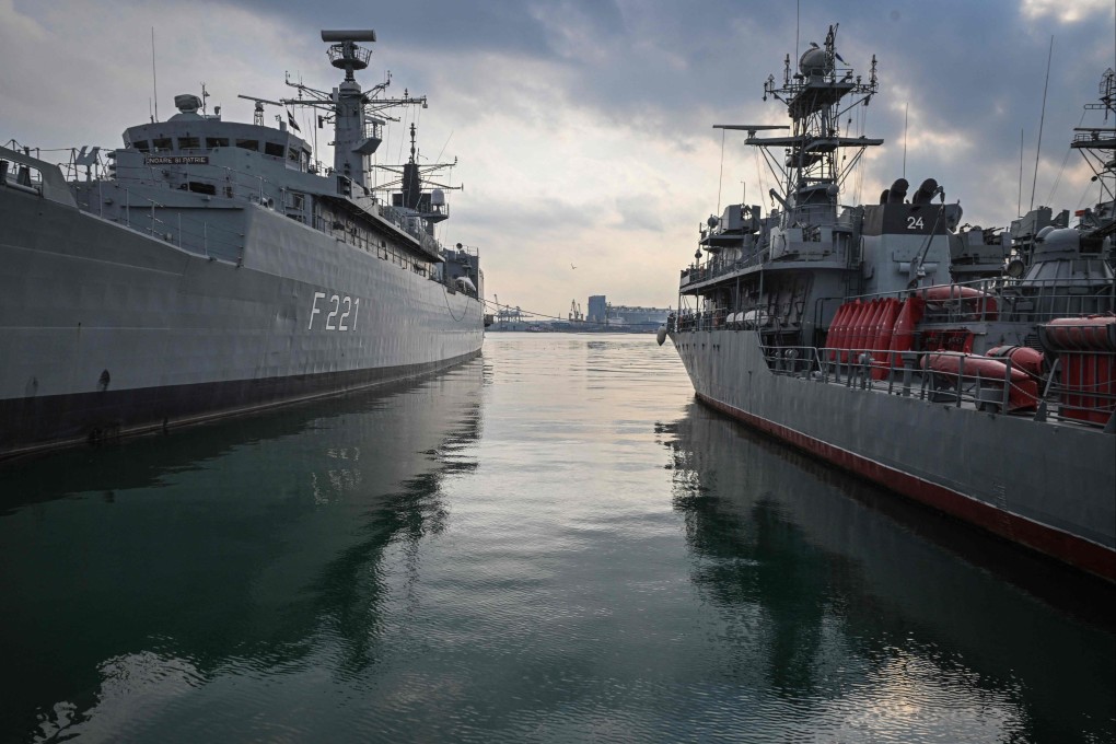 Military vessels docked at the military harbour of Constanta are pictured on March 4, 2022. Photo: AFP