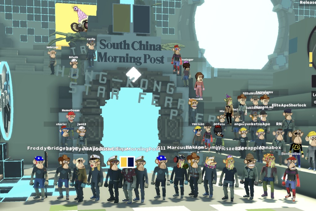 A group of Hong Kong owners of Bored Ape Yacht Club NFTs gather in front of the Post’s logo in The Sandbox. Photo: Handout