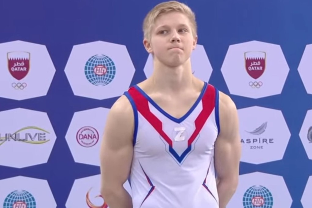 A screen grab shows Russian gymnast Ivan Kuliak with a Z tapped to his uniform. Photo: YouTube