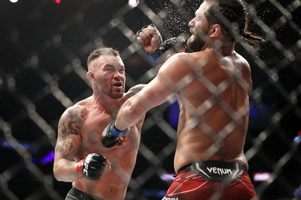 Colby Covington connects with a punch on Jorge Masvidal in the five-round main event at UFC 272. Photo: Steve Marcus/Las Vegas Sun via AP
