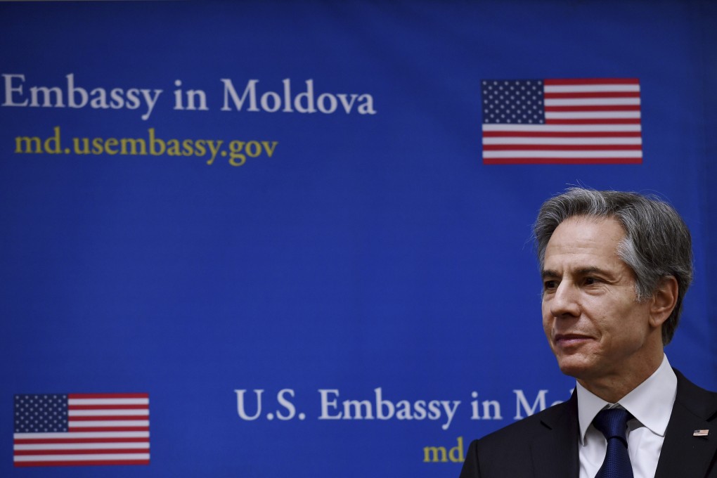 US Secretary of State Antony Blinken delivering remarks to US Embassy staff at Novitas in Chisinau, Moldova, on Sunday. Photo: AP