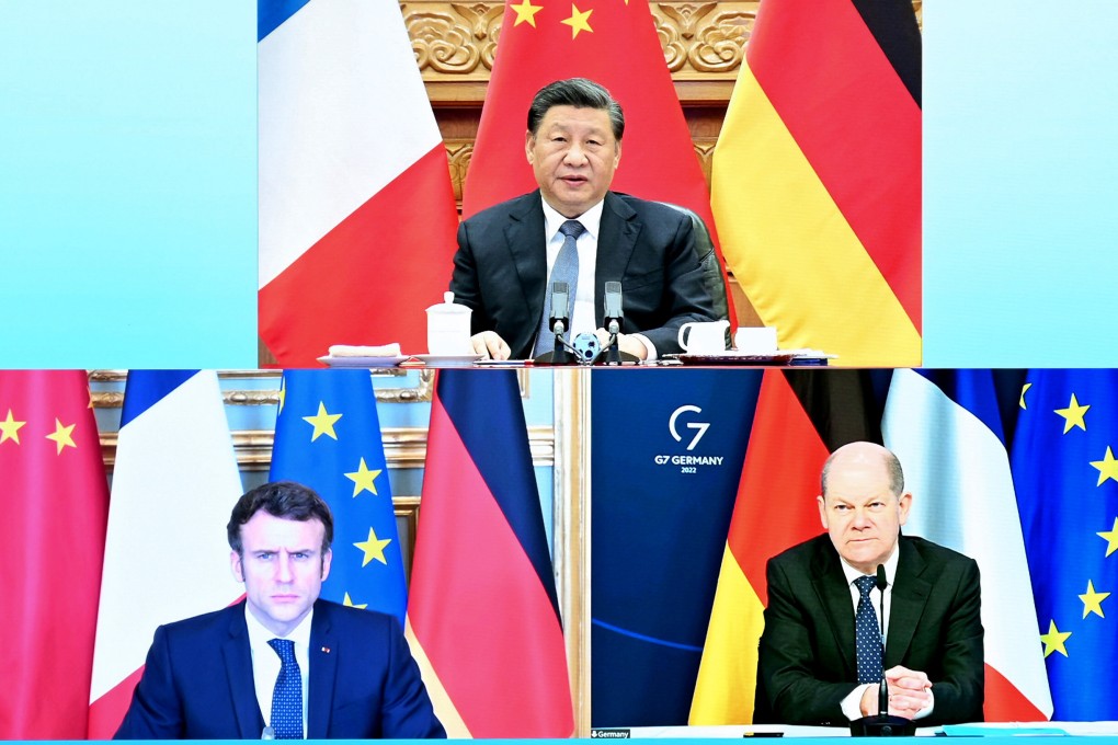Emmanuel Macron (left), Xi Jinping and Olaf Scholz discuss the Ukraine crisis via video link on Tuesday. Photo: Xinhua