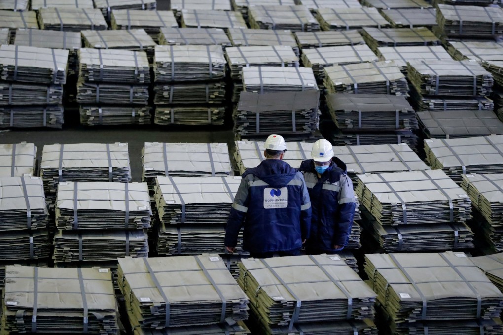 Nickel sheets at Kola Mining and Metallurgical Company, a Russian producer, seen in February 2021. Photo: Reuters