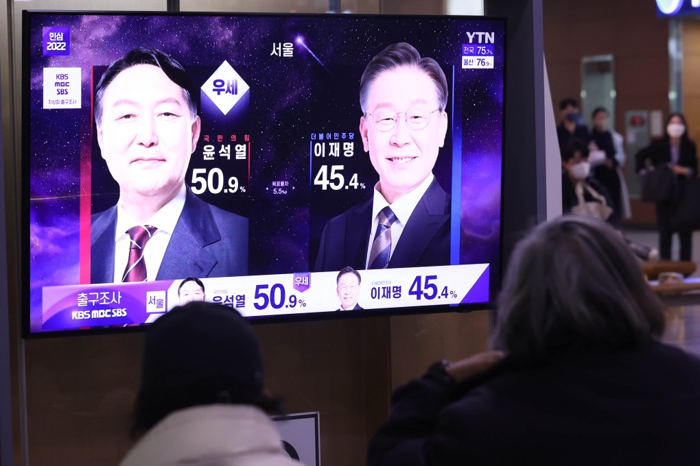 A live broadcast on the exit polls of the March 9 presidential election in South Korea. Photo: YNA/dpa