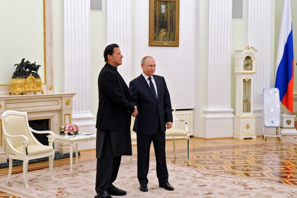 Pakistan’s Prime Minister Imran Khan meets Russian President Vladimir Putin on February 24. The timing of Khan’s visit to Moscow has strained Islamabad’s relations with the West. Photo: Reuters