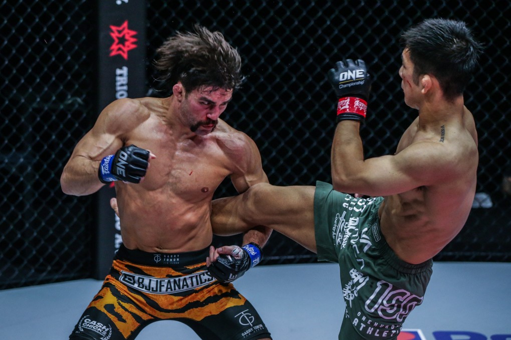 Garry Tonon catches a kick from Koyomi Matsushima. Photos: ONE Championship