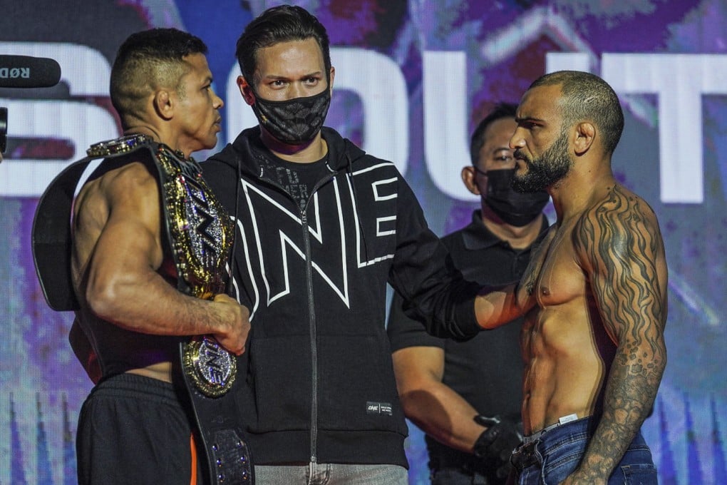 Bibiano Fernandes and John Lineker face off at the ONE: Lights Out ceremonial weigh-ins. Photos: ONE Championship