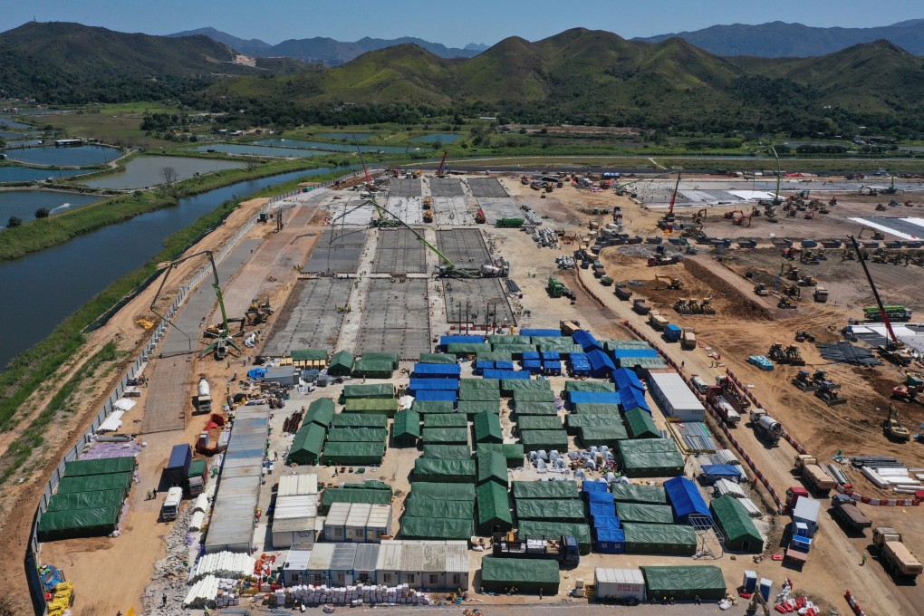 Construction on a community isolation facility for Covid-19 patients is underway at the Lok Ma Chau Loop. Photo: Sam Tsang