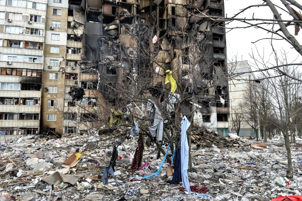 An apartment building damaged during shelling in Ukraine’s second-biggest city of Kharkiv on March 8. The number of people fleeing the war across Ukraine’s borders to escape towns devastated by shelling and air strikes has passed 2 million, in Europe’s fastest-growing refugee crisis since World War II, according to the United Nations. Photo: AFP